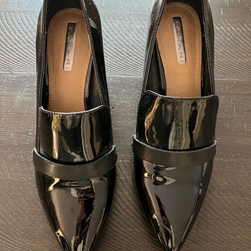 Tahari black patent pumps
